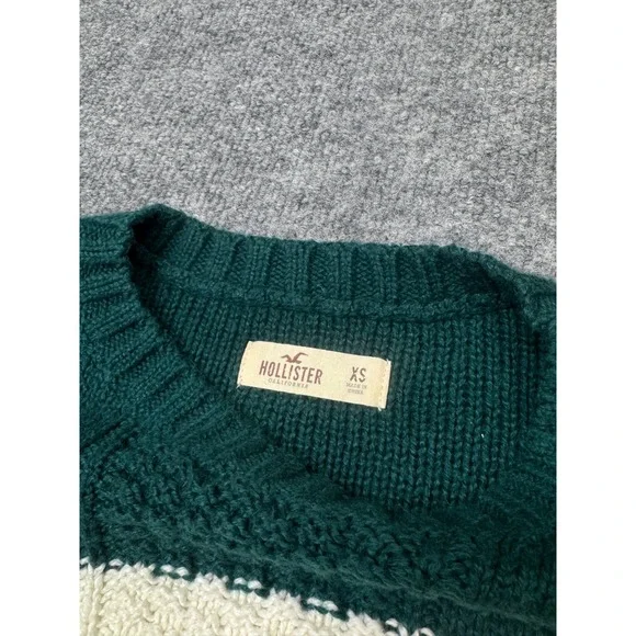 Hollister Women XS Striped Cable Knit Sweater Forest Green Cream Crewneck 3R3667 - Picture 2 of 9